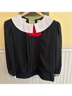 Vintage Liz Roberts Womens Blouse Black White Red Peter Pan Collar Size 14